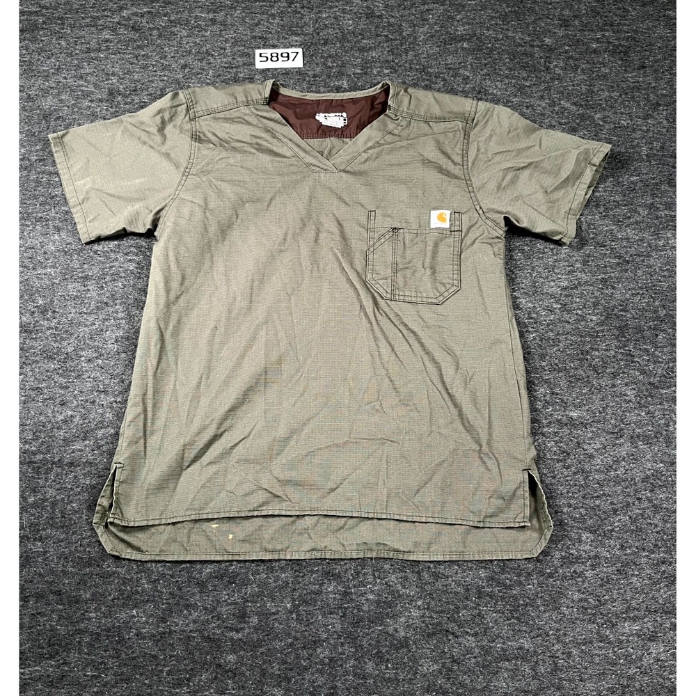 Carhartt Scrub Top Mens Small Olive Green Ripstop Classic Fit V Neck Medical
